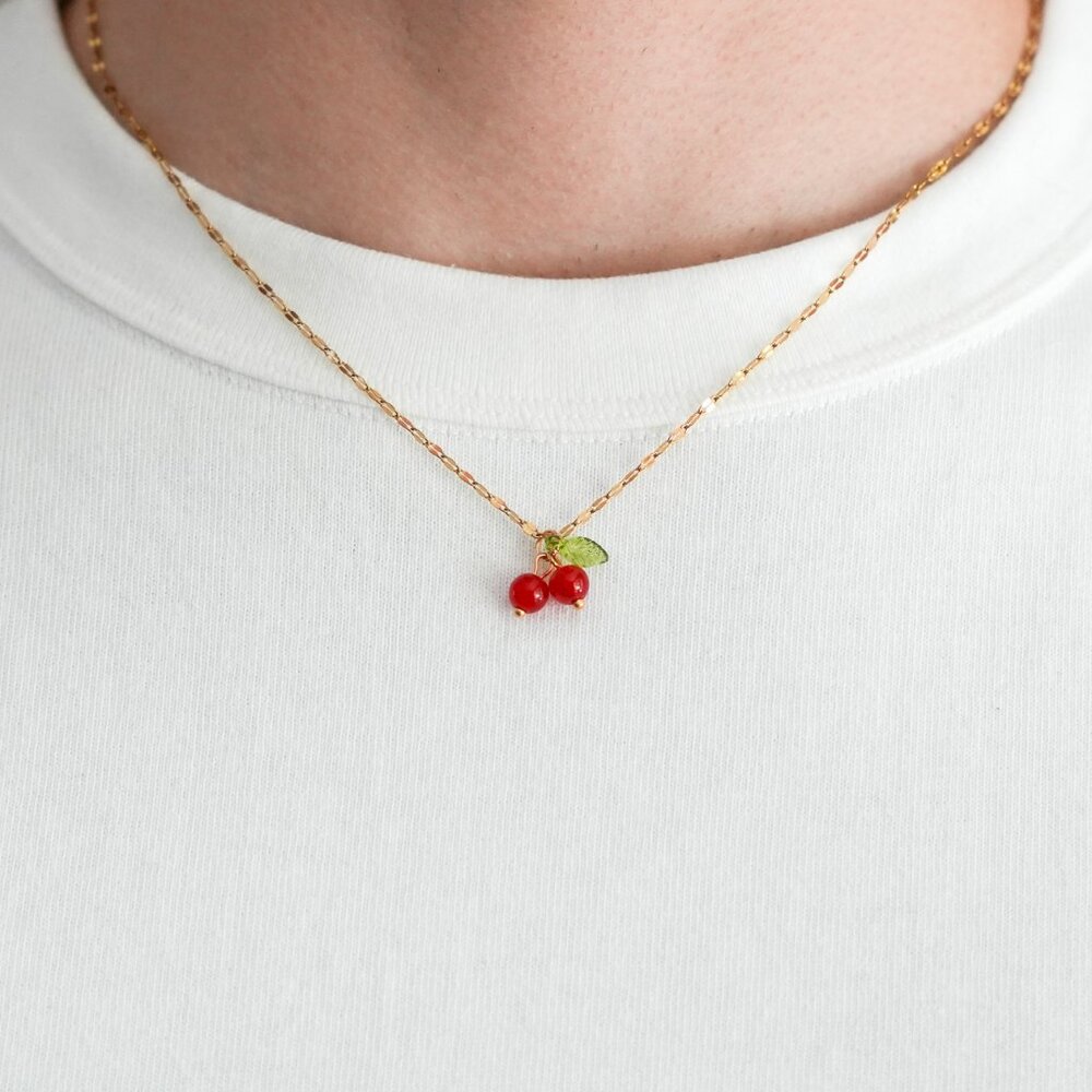 simple red cherry charm dainty necklace